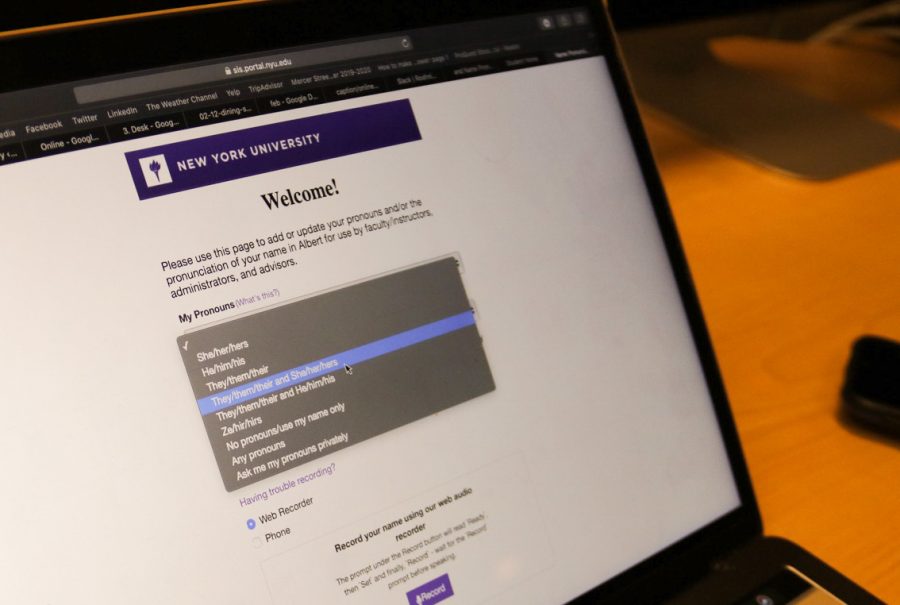 NYU provides students with the option to include their pronouns on Albert. They can also choose not to disclose them if they feel uncomfortable. (Staff photo by Alex Tran)