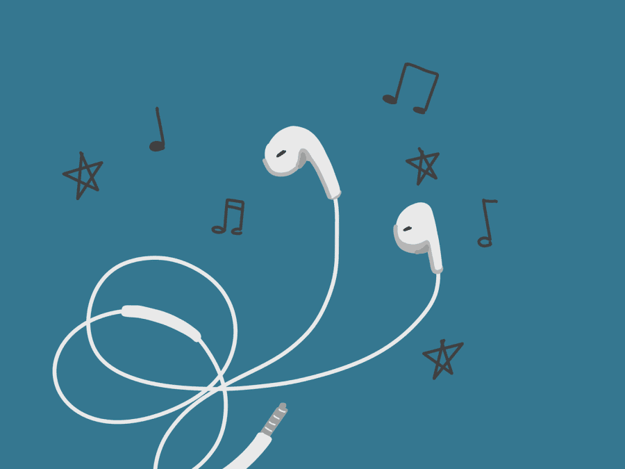 An illustration of white wired earphones surrounded by musical notes, against a blue background.