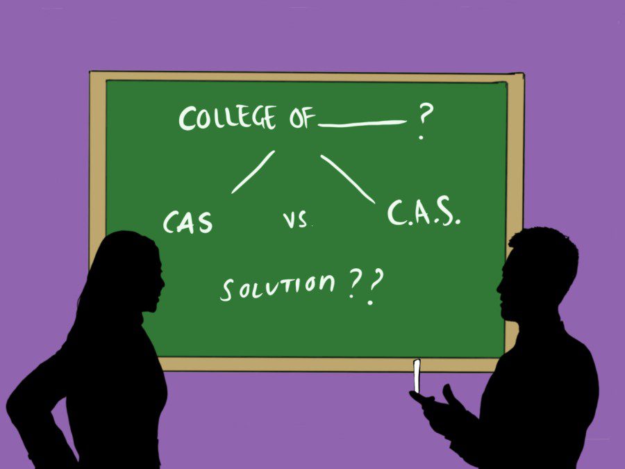 An illustration of two people’s silhouette talking in front of a blackboard with the text “COLLEGE OF blank line?” “C.A.S. vs C period A period S period,” and “SOLUTION two question marks” against a purple background.