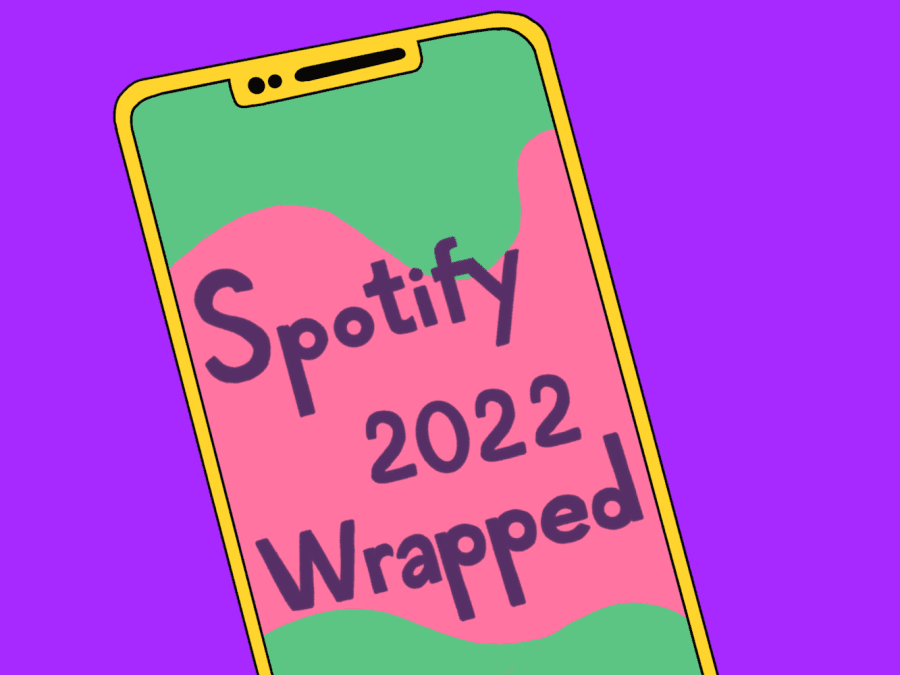 An illustration of a phone displaying the text “Spotify 2.0.2.2. Wrapped” against a background with green and pink wave patterns. The phone stands against a solid purple background.