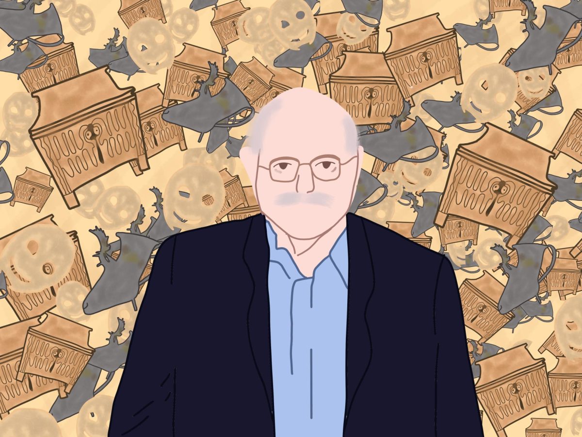 An illustration of an older man with a mustache and glasses, wearing a light blue shirt and navy blazer. Behind him are antiques and face designs.